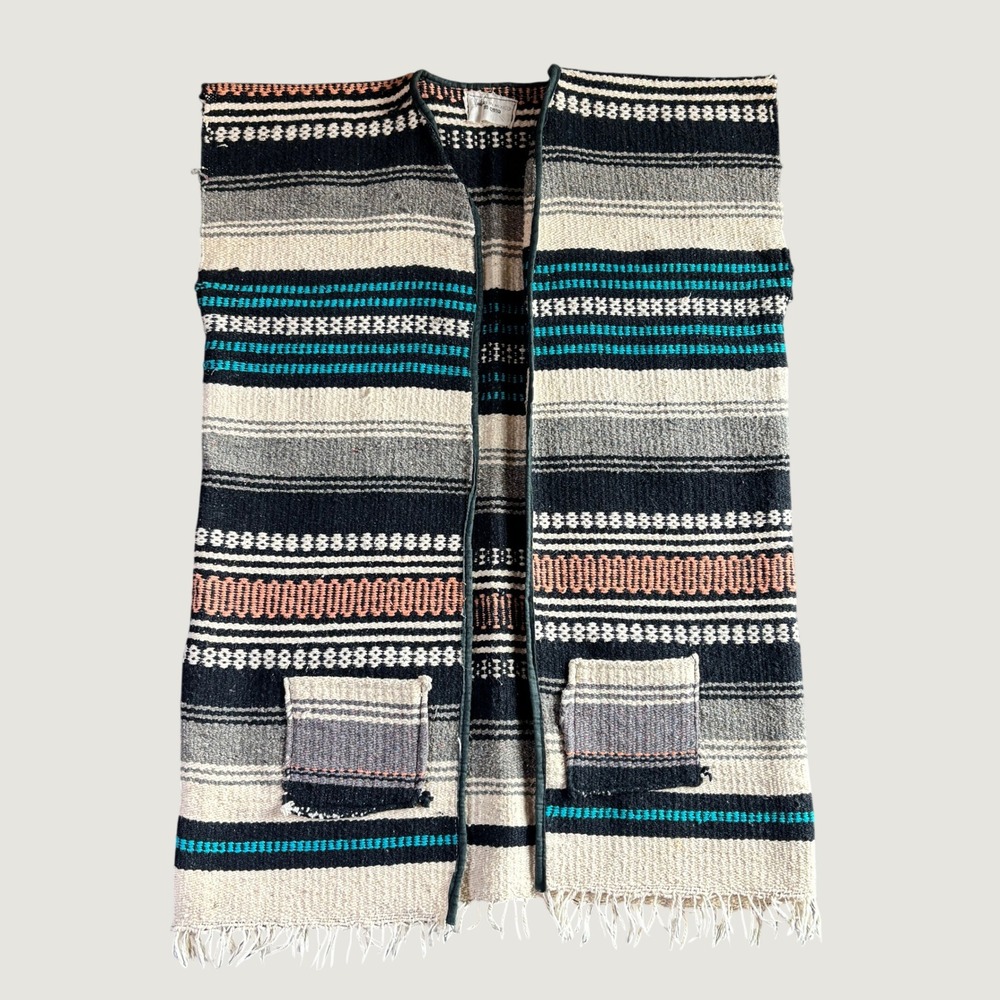 Mexico Vest One Size Blk Teal Cotton Serape Stripe Fringe Boho Western Festival